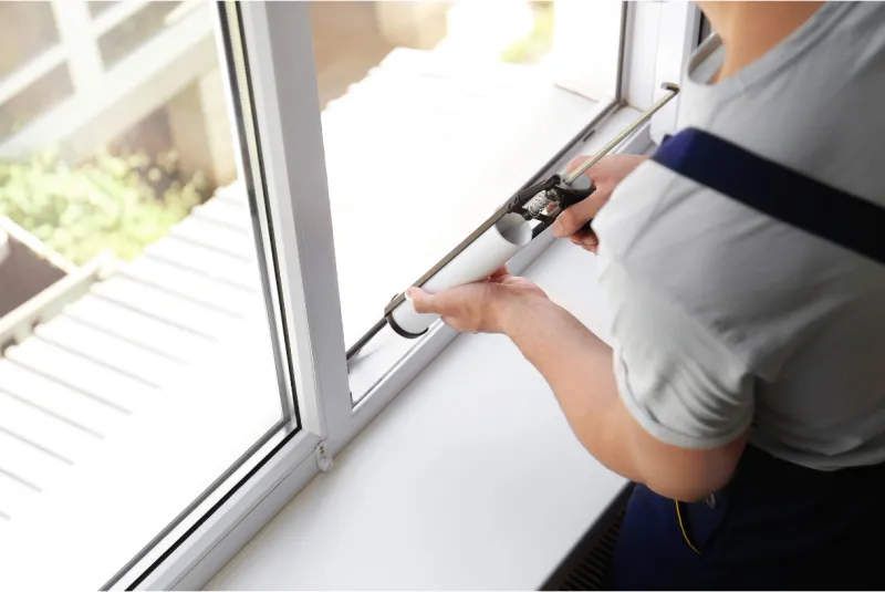 Technician sealing a window frame