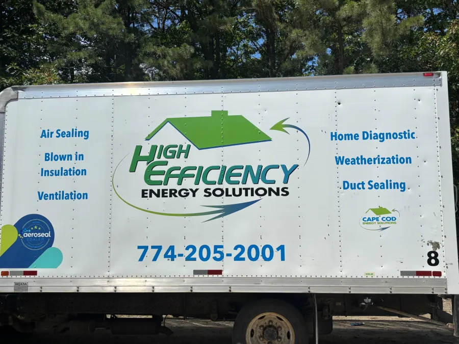 High Efficiency Energy Solutions box truck listing air sealing, blown-in insulation and duct sealing
